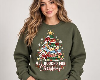 All Booked For Christmas Sweatshirt, Christmas Book Tree Shirt,Teacher Book Lover Gift