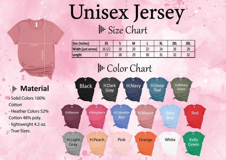 May include: A size and color chart for unisex jerseys. The chart includes measurements in inches for sizes XS to 3XL, and a color palette with options like black, navy, and red. The material is 100% cotton for solid colors.