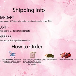 K&ouml;nnte beinhalten: Ein rosa-wei&szlig;er Aquarellhintergrund mit dem Text "Shipping Info" und "How to Order". Das Bild zeigt eine Schritt-f&uuml;r-Schritt-Anleitung zum Bestellen eines personalisierten T-Shirts. Die Schritte umfassen: Design, Gr&ouml;&szlig;e und Farbe ausw&auml;hlen; in den Warenkorb legen; Notizen hinzuf&uuml;gen; Versandart ausw&auml;hlen; Zahlungsmethode ausw&auml;hlen; und abgeschlossen.
