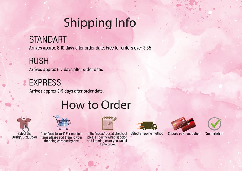 K&ouml;nnte beinhalten: Ein rosa-wei&szlig;er Aquarellhintergrund mit dem Text "Shipping Info" und "How to Order". Das Bild zeigt eine Schritt-f&uuml;r-Schritt-Anleitung zum Bestellen eines personalisierten T-Shirts. Die Schritte umfassen: Design, Gr&ouml;&szlig;e und Farbe ausw&auml;hlen; in den Warenkorb legen; Notizen hinzuf&uuml;gen; Versandart ausw&auml;hlen; Zahlungsmethode ausw&auml;hlen; und abgeschlossen.