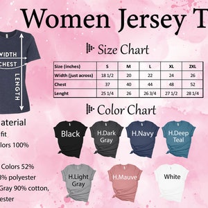 K&ouml;nnte beinhalten: Gr&ouml;&szlig;entabelle f&uuml;r Damen-Jersey-T-Shirts in verschiedenen Farben. Die Tabelle zeigt die Gr&ouml;&szlig;en von S bis 2XL mit Ma&szlig;en in Zoll f&uuml;r Breite, Brustumfang und L&auml;nge. Die Farbtabelle zeigt die verf&uuml;gbaren Farben: Schwarz, Dunkelgrau, Marine, Dunkelblau, Hellgrau, Mauve und Wei&szlig;.