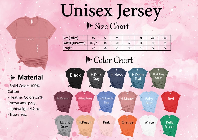 K&ouml;nnte beinhalten: Gr&ouml;&szlig;entabelle f&uuml;r Unisex-Jersey-T-Shirts mit Ma&szlig;en in Zoll. Die Farbkarte zeigt 18 verschiedene Farben von T-Shirts, darunter Schwarz, Marineblau, T&uuml;rkis, Rot, Pink und Wei&szlig;.