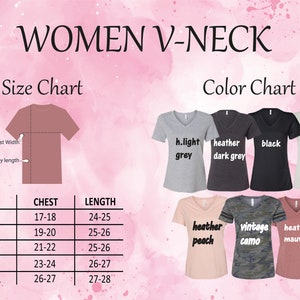 K&ouml;nnte beinhalten: Gr&ouml;&szlig;entabelle f&uuml;r Damen-V-Ausschnitt-T-Shirts mit Ma&szlig;en in Zoll f&uuml;r Brust und L&auml;nge. Die Farbtabelle zeigt die verschiedenen verf&uuml;gbaren Farben: hellgrau, dunkelgrau meliert, schwarz, wei&szlig;, pfirsich meliert, Vintage-Camouflage und mauve meliert.