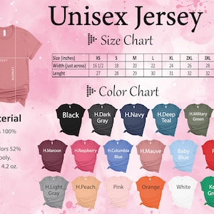 K&ouml;nnte beinhalten: Gr&ouml;&szlig;entabelle f&uuml;r Unisex-Jersey-T-Shirts mit Ma&szlig;en in Zoll. Die Farbkarte zeigt 18 verschiedene Farben von T-Shirts, darunter Schwarz, Marineblau, T&uuml;rkis, Rot, Pink und Wei&szlig;.