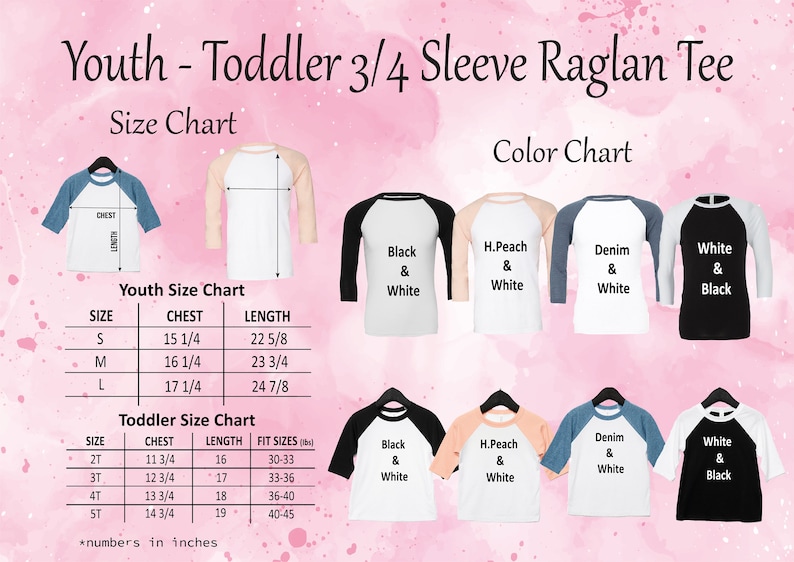 K&ouml;nnte beinhalten: Gr&ouml;&szlig;entabelle f&uuml;r Jugend- und Kleinkind-Raglan-Shirts mit 3/4-&Auml;rmeln. Die Tabelle zeigt die Gr&ouml;&szlig;en, Brustumfang in Zoll und L&auml;ngen in Zoll. Die Farbtabelle zeigt vier verschiedene Farbkombinationen: Schwarz und Wei&szlig;, Pfirsich und Wei&szlig;, Denim und Wei&szlig; sowie Wei&szlig; und Schwarz.