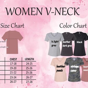 May include: Image of a Women V-Neck size and color chart. The size chart shows chest and length measurements for sizes S to 2XL. The color chart displays various V-neck shirt colors, including light grey, dark grey, black, white, peach, camo, and mauve.