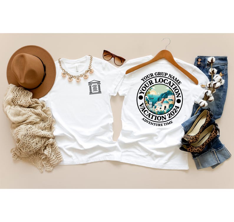 May include: White t-shirt with a black graphic of a building on the front and a black circle with the text "Your Group Name Your Location Vacation 2024 Adventure Time" on the back.