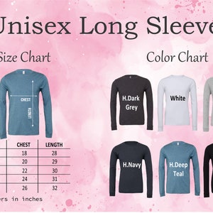 K&ouml;nnte beinhalten: Gr&ouml;&szlig;entabelle f&uuml;r Unisex-Langarmshirts mit Ma&szlig;en in Zoll. Die Farbkarte zeigt das T-Shirt in Dunkelgrau, Wei&szlig;, Hellgrau, Marine, Teal und Schwarz.