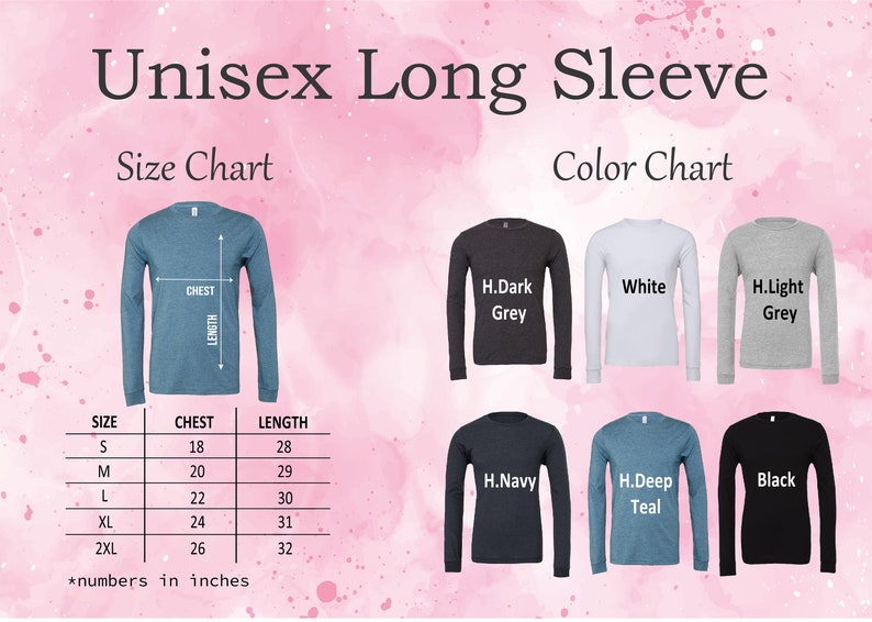 K&ouml;nnte beinhalten: Gr&ouml;&szlig;entabelle f&uuml;r Unisex-Langarmshirts mit Ma&szlig;en in Zoll. Die Farbkarte zeigt das T-Shirt in Dunkelgrau, Wei&szlig;, Hellgrau, Marine, Teal und Schwarz.