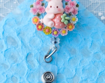 Cute Pink Strawberry Bunny Decoden Kawaii, Retractable Badge Reel, Swivel Alligator Clip, Nurse, New Grad RN, Coworker, Medical, Doctor Gift
