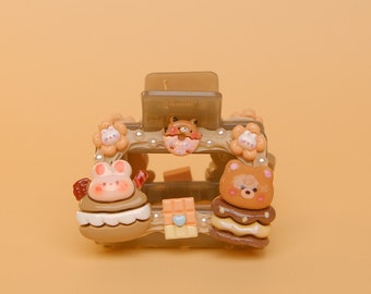 Decoden Kawaii Small Brown Hair Claw/Clip, Cute Bear and Boba, Birthday Gift, Gift for Her