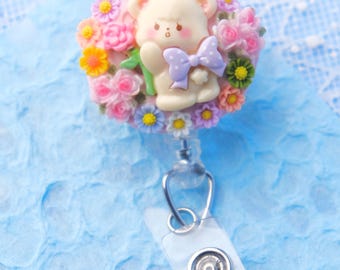Cute Rose Bear Decoden Kawaii, Retractable Badge Reel, Swivel Alligator Clip,  Nurse Gift, New Grad Gift, Healthcare Gift
