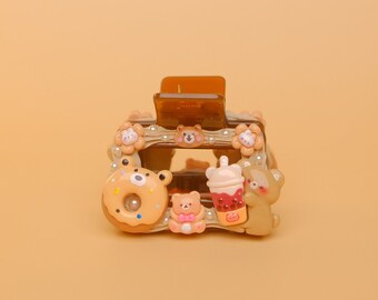 Decoden Kawaii Small Brown Hair Claw/Clip, Cute Bear and Boba, Birthday Gift, Gift for Her