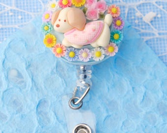 Cute Puppy Weiner Hot Dog Decoden Kawaii, Retractable Badge Reel, Swivel Alligator Clip, Nurse, New Grad RN, Medical, Doctor, Teacher Gift