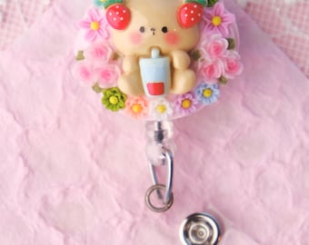 Strawberry Bear Decoden Kawaii Cute, Retractable Badge Reel, Belt Clip, Nurse, New Grad RN, Healthcare, Medical, Doctor Gift