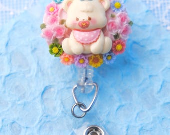 Baby Bear Decoden Kawaii Cute, Retractable Badge Reel, Swivel Alligator Clip, Nurse, New Grad RN, Healthcare, Medical, Doctor Gift