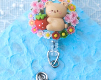 Cute Strawberry Bear Decoden Kawaii, Retractable Badge Reel, Swivel Alligator Clip, Nurse, New Grad RN, Healthcare, Medical, Doctor Gift