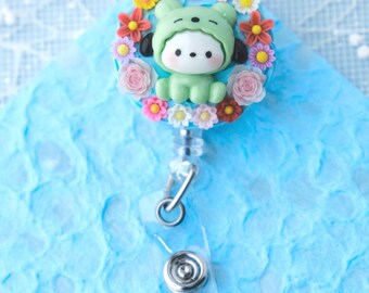 Pochacco Bear Decoden Kawaii Cute, Retractable Badge Reel, Swivel Alligator Clip, Nurse, New Grad RN, Healthcare, Doctor, Teacher Gift