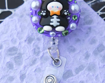 Halloween Skeleton Bear Decoden Kawaii Cute, Retractable Badge Reel, Swivel Alligator Clip, Nurse, New Grad RN, Healthcare Gift