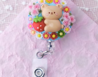 Strawberry Bear Decoden Kawaii Cute, Retractable Badge Reel, Belt Clip,  Nurse, New Grad, Healthcare, Medical, Doctor Gift