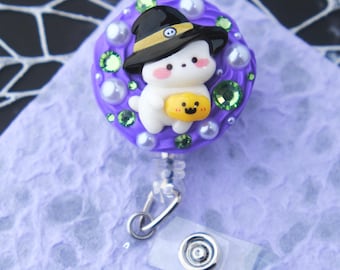 Halloween Witch Bear Decoden Kawaii Cute, Retractable Badge Reel, Swivel Alligator Clip, Nurse, New Grad RN,Healthcare, Medical, Doctor Gift