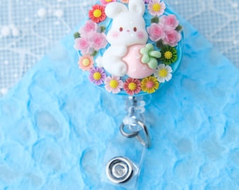 Cute Strawberry Bunny Decoden Kawaii, Retractable Badge Reel, Swivel Alligator Clip, Nurse, New Grad RN, Teacher, Medical, Doctor Gift