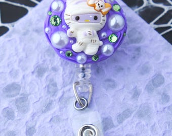 Halloween Hello Kitty Decoden Kawaii Cute, Retractable Badge Reel, Swivel Alligator Clip, Nurse, New Grad RN,Healthcare, Doctor Gift