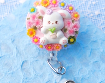 Plant Bunny Decoden Kawaii Cute, Retractable Badge Reel, Swivel Alligator Clip, Nurse, New Grad, Healthcare, Medical, Doctor, Teacher Gift