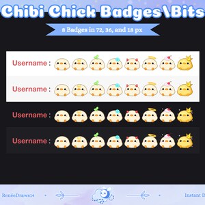 May include: A digital illustration of eight yellow chick badges with different accessories, including a leaf, a flower, devil horns, a halo, a cherry, and a crown. The badges are available in three sizes: 72, 36, and 18 pixels.
