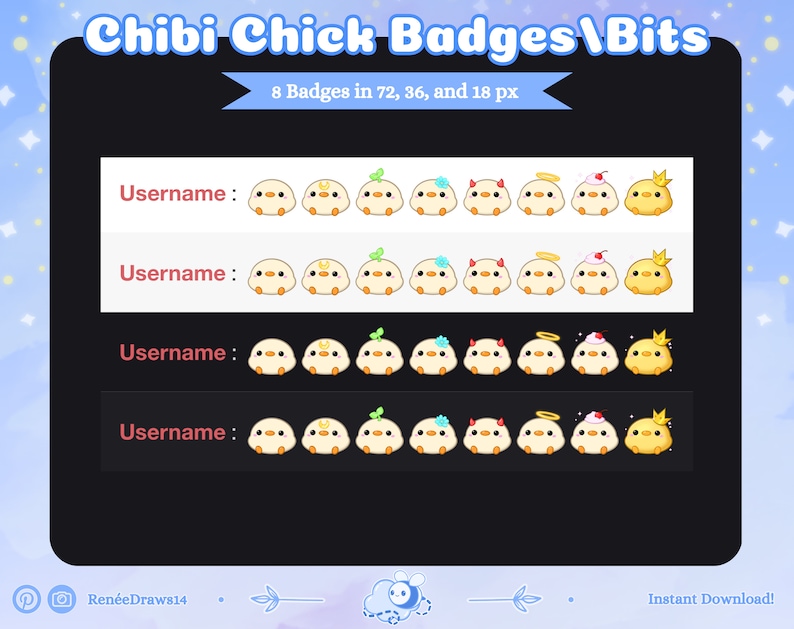 May include: A digital illustration of eight yellow chick badges with different accessories, including a leaf, a flower, devil horns, a halo, a cherry, and a crown. The badges are available in three sizes: 72, 36, and 18 pixels.