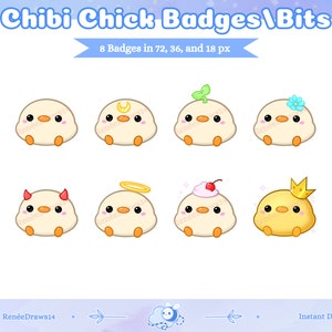 May include: Eight cartoon chick badges in various sizes, with different accessories, including a crown, halo, devil horns, a cherry, a plant, a moon, and a flower. The text "Chibi Chick Badges/Bits" and "8 Badges in 72, 36, and 18 px" is at the top of the image.