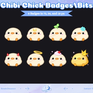 Può includere: Otto badge digitali con un simpatico pulcino di cartone animato in varie pose. Il pulcino indossa una corona, un'aureola, un fiore, una pianta, corna da diavolo e una ciliegia in cima alla testa. I badge sono disponibili in tre dimensioni: 72, 36 e 18 pixel.