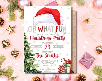 May include: A Christmas party invitation with a Santa hat illustration. The invitation reads "Oh What Fun, Join Us For A Christmas Party" with the date, time, and host's name. The invitation is surrounded by Christmas decorations.