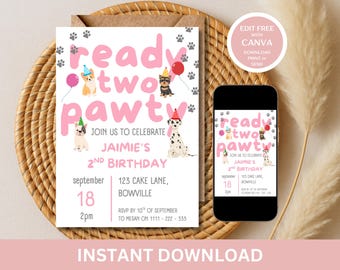 Ready to Party Dog Birthday Invitation, dog theme Party Invitation 2nd Birthday, Instant downloadable invite, Ready two Pawty Invite