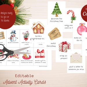 Peut inclure: Un ensemble de cartes d'activités de Noël imprimables avec des illustrations à l'aquarelle d'icônes festives comme un bonhomme de neige, une maison en pain d'épices et des cadeaux. Les cartes incluent des textes et une paire de ciseaux noirs.