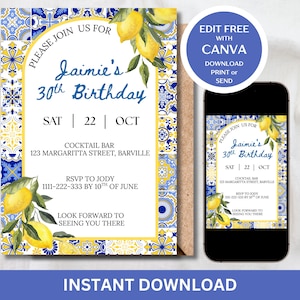 Editable Mediterranean Lemon Birthday Invitation, Blue Stripe Capri Coast Party Template, Citrus Tuscan Printable Invite, Wavy