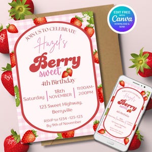 Berry First Birthday Invitation Template, First Birthday Template Canvas, Strawberry Invite Template, Berry Sweet Invite for girl Birthday