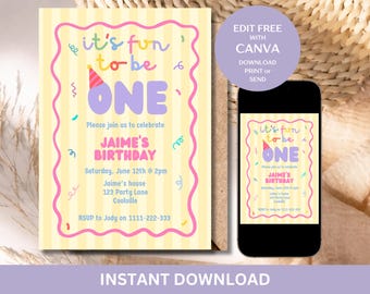 Fun To Be One Photo Birthday Invitation Editable, Pastel Colors, One is Fun Party Hat, 1st Birthday, Instant Download, CANVA template