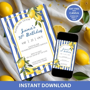 Editable Mediterranean Lemon Birthday Invitation, Blue Stripe Capri Coast Party Template, Citrus Tuscan Printable Invite, Wavy