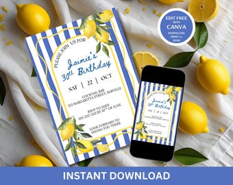 May include: A birthday invitation with a blue and white striped background, featuring lemons and the text "Jainie's 30th Birthday." A smartphone displays the same design. The invitation includes details for a cocktail bar.