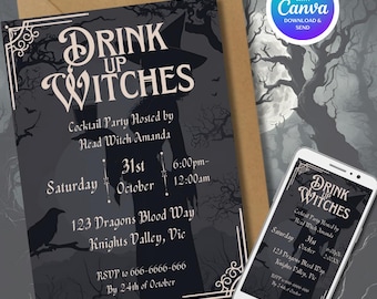 Convite para festa de Halloween: Drink Up Witches, modelo editável (download digital)