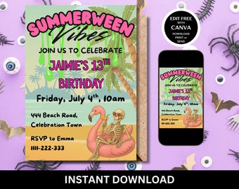 Summerween Pool Party Invitation, Editable Summer Halloween Party, Spooky Beach Skeleton Summer Invite, Birthday Party, Printable Template