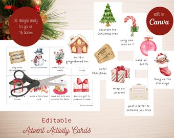Editable Christmas Advent Activity Cards: Watercolor Illustrations (Canva Template)