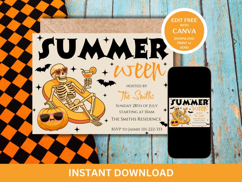 Pode incluir: Convite Summerween com um esqueleto de &oacute;culos de sol, segurando um coquetel e uma ab&oacute;bora de &oacute;culos de sol. O convite inclui detalhes do evento e o texto "Summerween". Um telefone exibe o design do convite.