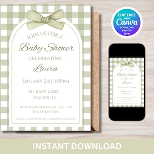 Può includere: Un invito a una baby shower con motivo a quadri vichy verde e bianco, un fiocco verde e il testo "Join us for a Baby Shower Celebrating Laura" e i dettagli dell'evento.