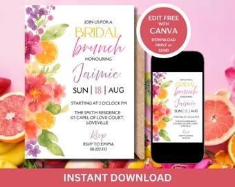 Citrus Bridal Brunch Invitation, Orange Bridal Shower, Bright Floral Citrus Bridal Shower Invitation, Mediterranean Theme Pink Orange Brunch
