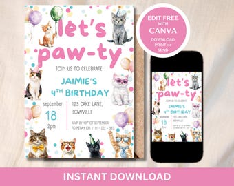 Invito di compleanno per gatti modificabile, invito per festa di gattini, download immediato, invito "Facciamo le zampette", invito "Facciamo le zampette" per gattini