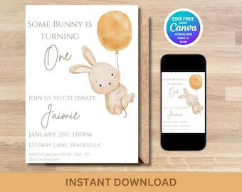 Een konijntje eerste verjaardagsuitnodiging, canva BEWERKBARE sjabloon, direct downloaden, thema-uitnodigingen Pasen, verjaardagsuitnodiging lief konijntje