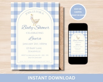 Blue Gingham with Goose Baby Shower Invite- Editable Invitation- Bow Baby shower Invitation- Printable Gingham Invite- Baby shower Invite
