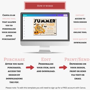 Pode incluir: Um monitor de computador exibe um design de convite "Summerween". A imagem inclui texto que descreve o processo: comprar, editar e imprimir/enviar. O design &eacute; uma ferramenta online que permite personalizar seus designs ap&oacute;s a compra.